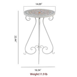 Vintage Garden Mosaic Outdoor Side Table 14" Diameter Round Ceramic Tile Top Metal Plant Stand for Flower Pots Vase End Table for Indoor Home Living Room, Patio, Balcony Decor Pink Floral Design