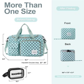 WOOMADA Foldable Travel Duffel Bag with Shoes Compartment, Overnight Bag with Wet Pocket, Weekender Carry On with cosmetic bag for Women(turquoise checkerboard)