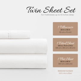 ienjoy Home 3 Piece Double Brushed Microfiber Bed Sheet Set, White, Twin XL