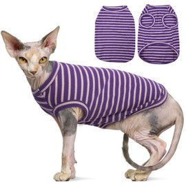 OUOBOB Sphynx Cat Clothing, Breathable Hairless Cat Shirts, Striped Kitten T-Shirts, Sleeveless Pullover, Cat Pullover, Pet Summer Clothing for Sphynx, Cornish Rex, Devon Rex