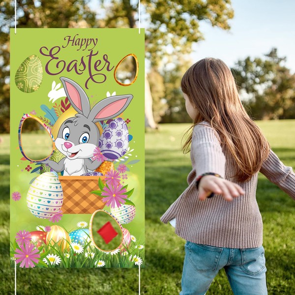 Easter Toss Game and 3 Bean Bags, Easter Hanging Throwing Game and Cute Eggs Cartoon Rabbit Pattern for Children Adults Family Easter Toss Game Party Accessories Banner for Easter Party