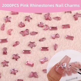 ROFIBUT Pink Crystal Rhinestones Nail Gems 2000Pcs Multi Shape Flat Back Charms 3D Mini Kawaii Hearts Stars Flowers Designs Crystal Nail Charms Diamonds for Women Nail Art Supplies