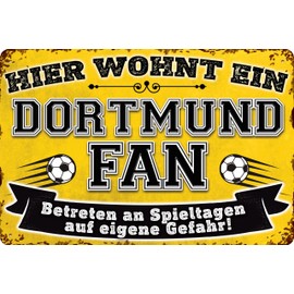 14 x 20 cm tin sign for football fans, here lives a Dortmund fan - wall sign, door sign, goal sign, funny football saying, fan item