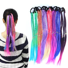 Pack of 14 Colourful Hair Strands Children's Colourful Braided Hair Pieces Twist Braid with Elastic Rope Band Colour Gradient Girls Hairpiece Band for Party Festival Decoration Gifts (Pack of 14)