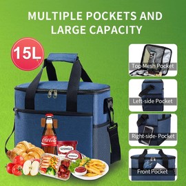 iknoe Large Cooler Bag Collapsible, 15L Insulated Bags, Leakproof Lunch Cooler Tote with Multi-Pockets for Adult, Insulated Lunch Box for Beach, Picnic,Work, Blue 24-Can