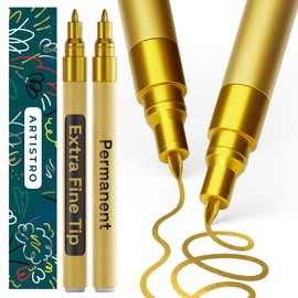 ARTISTRO 2 Gold Permanent Marker - Waterproof Markers for Tire, Fabric, Rocks, Glass, Ceramic, Wood, Paper - Oil Based Paint Pens - Extra-Fine Tip 0.7mm