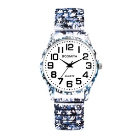 JewelryWe Womens Stretch Band Watches: Easy Reader Analog Quartz Elastic Watch Casual Floral Expansion Band Wristwatch for Christmas