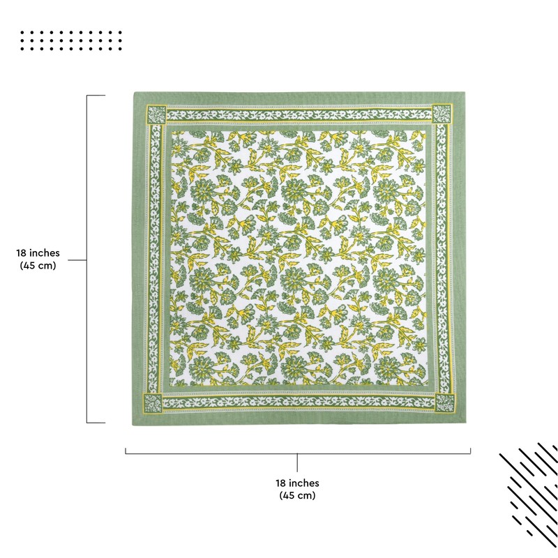 Encasa XO Sanganeri Print Cloth Napkins, Serviettes 45x45 cm Sage