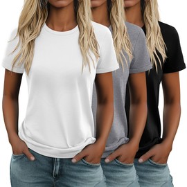 Huukeay 3 Pack Women's Cotton T Shirts Casual Short Sleeve Tunic Tops Crewneck Summer Plain Basic Loose Fit Tee(Black, White, Gray,Medium)