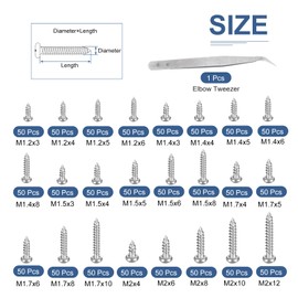 DTGN Mini Screw Kit Phillips Pan Head Micro Screws Self-Tapping Laptop Notebook Computer Screws Kit,Carbon Steel Nickel-Plated,Silver(Size:M1.2x3-M2x12-1200pcs+1Elbow Tweezers)