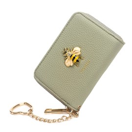 knockno 12 Card Slots Credit Card Holder Leather Zipper Exquisite Gold Bee Card Case for Girls or Women Accordion Wallet with Removable Keychain (Bee, Green)