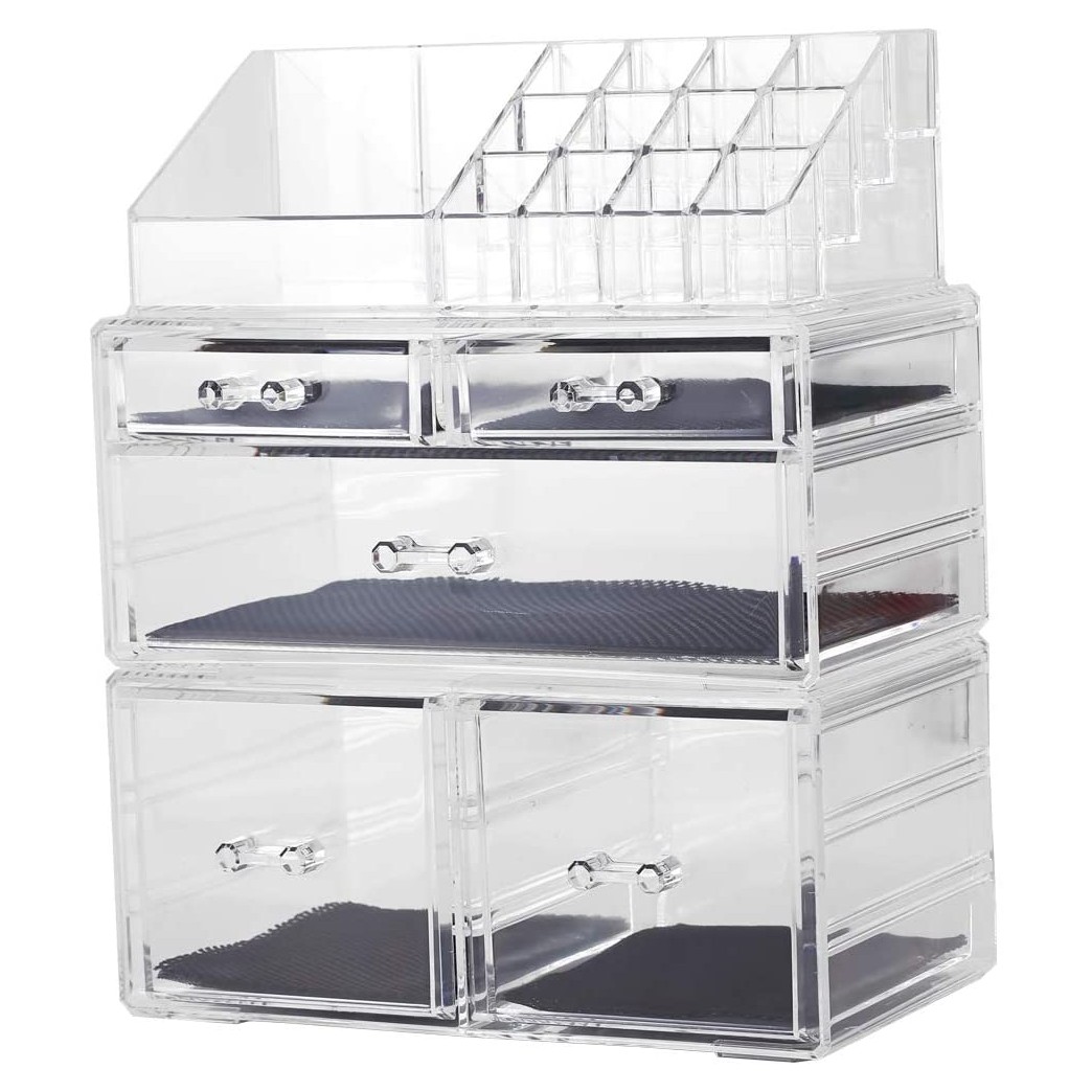 Sooyee Makeup Organizer,Acrylic Cosmetic Organizer Storage Drawers Jewelry and Cosmetic Display Cases Box(5 Drawers 7 Tiers)3 Pieces Stackable,Clear