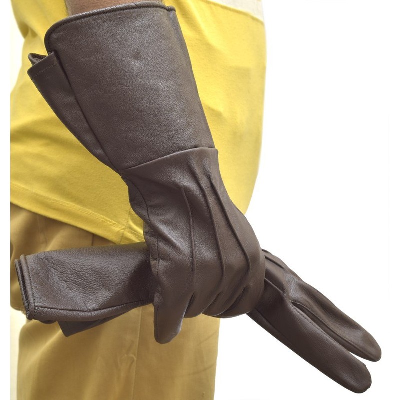 Medieval Gauntlet leather cosplay gloves long arm cuff (Brown, Medium)