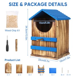 Owl House, Wood Screech Owl House Bird Box with Shavings Owls Boxes for Outside, Owls Nesting Box with Perch Stand & Mounting Kit for Wildlife Habitat Shelter Lovers(Blue) 13.5x7.5x8.7in