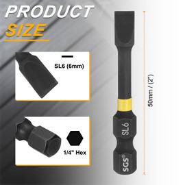 sourcing map 2pcs SL6 Slotted Impact Screwdriver Bits 6mm Slotted Tip 1/4" Hex Shank 50mm (2") Long Magnetic Flat Head Phosphated S2 Steel Screw Driver Drill Bits Electric Power Tool