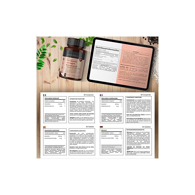 Pureclinica 1000mg Resveratrol x 360 tablets - (4 bottles of