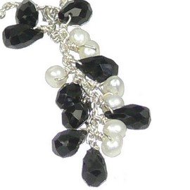 Franki Baker Elegant Black Onyx Gemstone & Pearl Necklace on 925 Sterling Silver Chain. Length: 45cm