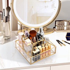Hipiwe 360 Rotating Makeup Organizer Gold Glass Perfume Cosmetic Display Case 5-Slot Makeup Carousel Spinning Holder Bathroom Storage Organizer for Vanity Lipsticks Skincare Makeup Brushes