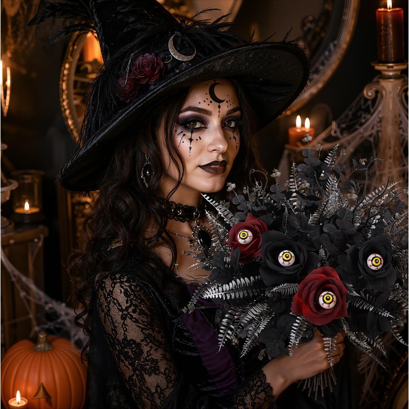 Halloween Artificial Plants with Rose Bouquet, Faux Eucalyptus Branches