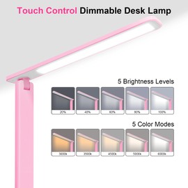 Jumoking Desk Lamp LED Dimmable Eye Protection, Desk Lamp with 5 Colours and 5 Brightness Levels, Table Lamp with USB Charging Port, Touch Control for Children, Bedrooms, Reading, Offices (Pink)