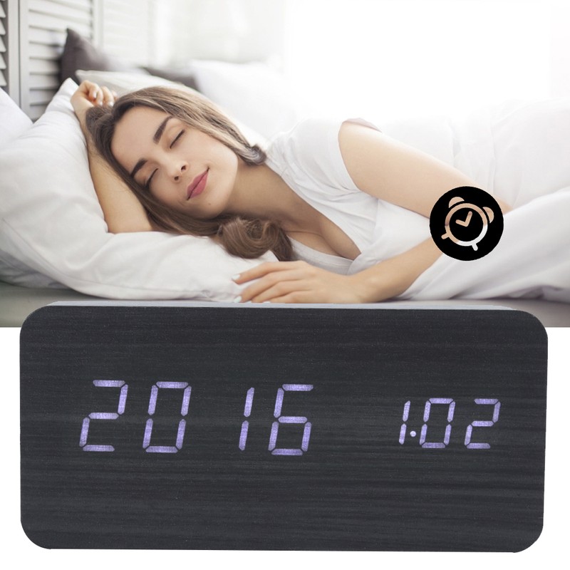 LED Wooden Alarm Clock Electronic Voice Control Temperature Date Table