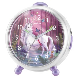 Atrium Miraluna Children's Alarm Clock Girls Unicorn Fairy Purple Pink White Analogue Quartz No Ticking with Light and Snooze A932-0