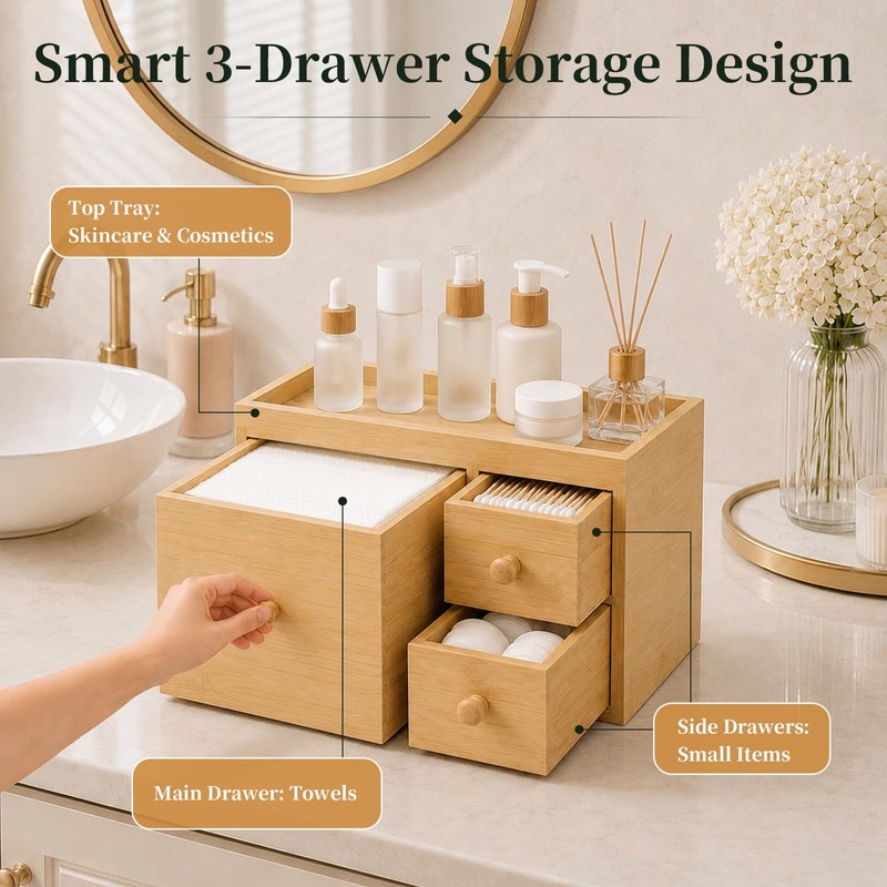 Bamboo Face Towel Holder with 3 Drawers