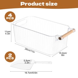 4 Piece Ice Bin and 2 Flexible Scoop Set Plastic Freezer Ice Bin with Handle Clear Storage Bucket for Container with Bucket Scoop Kitchen Fridge