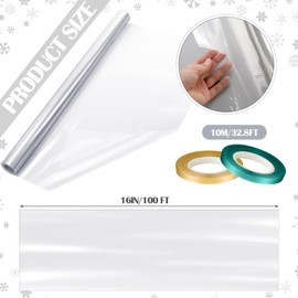 Tigeen Clear Cellophane Wrap Roll with 6 Rolls Ribbons, 16'' x 100ft 2.3 Mil Translucent Thick Cellophane Paper for Candy Baskets Packaging for Birthday Party Gifts(Translucent)