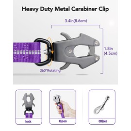 Joytale Tactical Dog Lead Heavy Duty, 1.2-1.8m Shock Absorbing Bungee Dog Lead with 2 Handle, Metal Carabiner Clip, Car Seatbelt, Strong No Pull Dog Lead for Medium Large X-Large Dogs, Purple