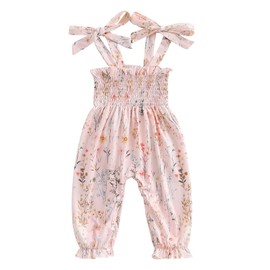 Emmababy Baby Girl Floral Smocked Jumpsuit Bubble Romper Sleeveless Tank Top Ruffle Strap Bodysuit Infant Summer Clothes (Pink, 0-6 Months)