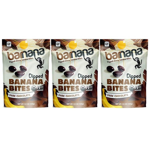 Barnana Organic Dark Chocolate Dipped Chewy Banana Bites, 3.5 Ounce Bag (Pack of 3)