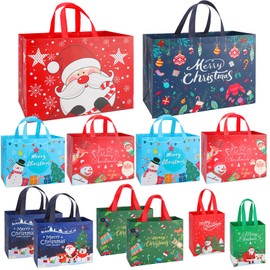 Christmas Gift Bags Assorted Sizes, Extra Large/Medium/Small 12PC Christmas Tote Bags with Handles, Heavy Duty Non-Woven Christmas Shopping Bags, Party Favor Bags, Large Holiday Bags for Presents Bulk