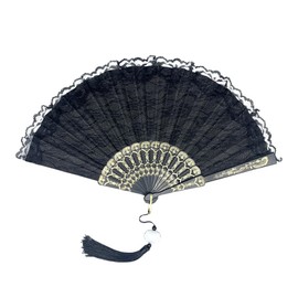 HNJUSR Lace Fan Wedding Fan Bridal Fan Folding Fan Dance Fan for Wedding with Pendant Hand Fan Lace for Drama Dance Fecher Women for Prom Party Wedding (Black)