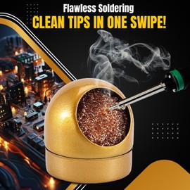 Flexzion Solder Cleaner with Brass Wool Soldering Wire Sponge and Gold, Dome-shaped, Non-Slip Solder Sponge Tray Housing, Soldering Iron Tip Cleaner, No Water Needed