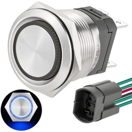 22mm Push Button Switch 15A 110V/120V Momentary 2NO DPST Angel Eye LED Stainless Steel Round Self-Reset 7/8'' with Wire Socket