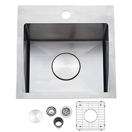 VAPSINT 15x15 inch 304 Stainless Steel Drop in Wet Bar Sink,Single Bowl Topmount Prep Rv Small Kitchen Sink with Grid and Drain