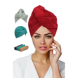 Luxury Hair Towel Wrap Quick Magic Dry Towelling Hair Turban Hat 100% Cotton Water Absorbent Drying Caps with Loop and Button Fastener– Size 62x23cm Pack of 2 - Red