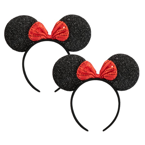 CHuangQi Mouse Ears Headband (Set of 2), Sequin Black Ear and Sequin Red Bow for Boy & Girl Birthday Party, Party Favors