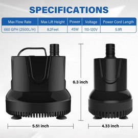 Simple Deluxe 660GPH Submersible Water Fountain Pump, (2500L/H, 45W) Quick Water Change Aquarium Pump, 8.2ft High Lift, for Fish Tank, Pond, Hydroponics, Black