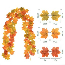 Artificial Maple Leaves Garlands, Artificial Maple Leaf, Autumn Garland with Maple Leaves, Decorative Garland with Autumn Leaves (Yellow and Orange)