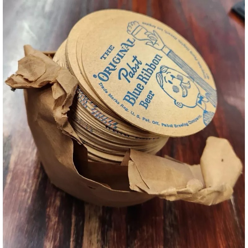 2 NOS Pabst Blue Ribbon Beer Coasters. 1960s vintage can