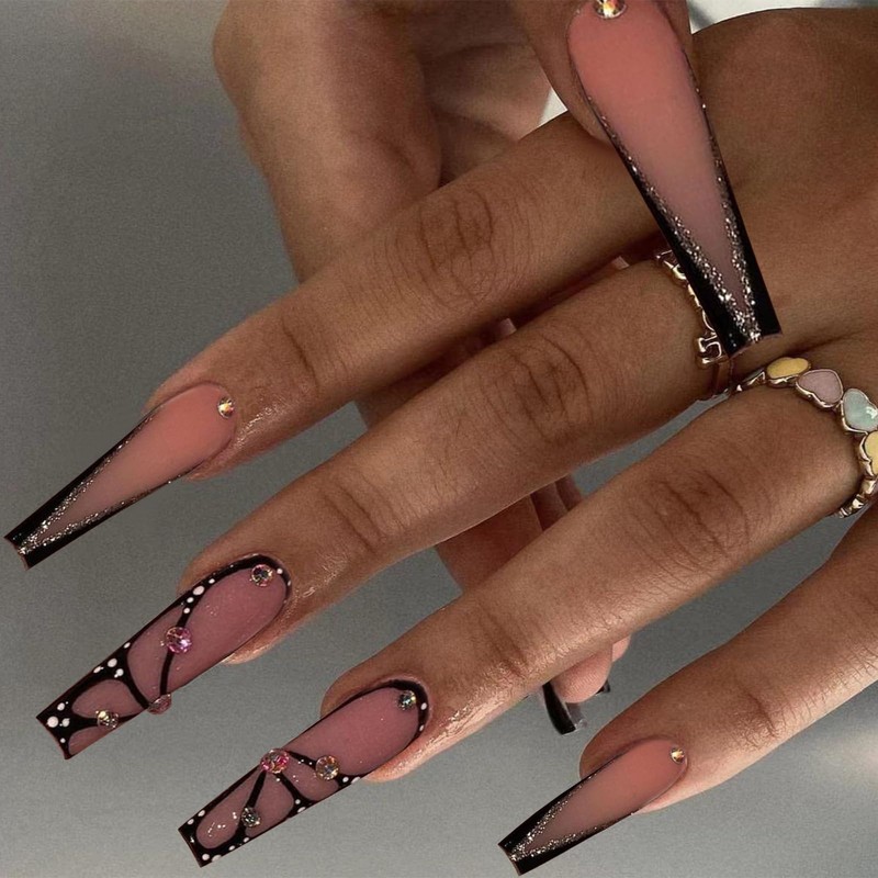 GlamRays Long Coffin Black Shiny Full Perimeter Acrylic Nails Extra