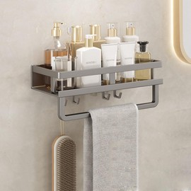 Jaugufiy Bathroom Toiletries Wall Organizer Toiletries Wall Shelf with Towel Rack for Bathroom (Grey)