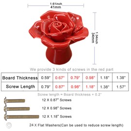 ESreake 12-Pack Red Rose Ceramic Knobs, Rose Flower Ceramic Vintage Pulls Kitchen Cabinet Dressing Table Dresser Handles with 3 Size Screws for Girl's Room Dresser Cupboard Wardrobe (12, Red)