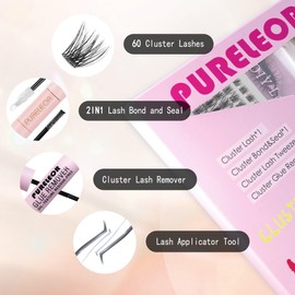 Cluster Lashes DIY Eyelash Extensions Kit with Bond and Seal Lash Applicators Individual Lashes Remover Kit Wispy Fluffy (60pcs 8-16MM)