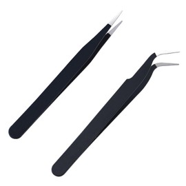 iCovalescent Tweezers Set of 2, Straight and Curved Tweezers, Stainless Steel Eyebrow Tweezers for Facial Hair, Eyelashes, Eyebrows and Ingrown Hair (Black, 11.5 cm x 1 cm)