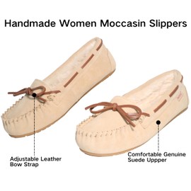PEDOQU Women Moccasin Slipper Suede Warm Faux Fur Pile Lined Lace-Up Leather Bow Sand