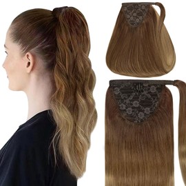 Caliee Extensión De Cola De Caballo Cabello Humano Para Mujeres Clip En La Extensión Del Pelo De Cola De Caballo T(M3-8) -8 Ombre Marrón Oscuro Mezcla Marrón Claro A Marrón Claro Cabello Real Envoltur