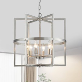 peskoe Brushed Nickel Chandelier 6-Light, Dining Room Light Fixture Geometric Metal Modern Chandelier Lighting for Kitchen Island Living Room Entryway, 18 Inch Pendant Hanging Ceiling Lamp